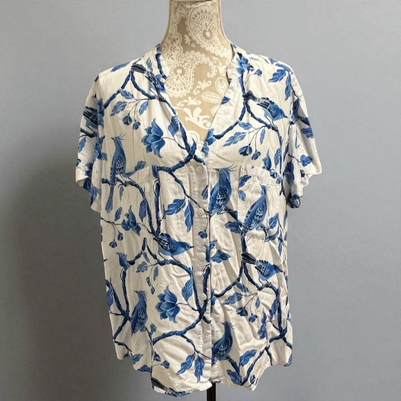 Piyama XL Rayon Sleepwear Pajama Top Blue Bird Print Button Down Lounge Shirt - Picture 1 of 13